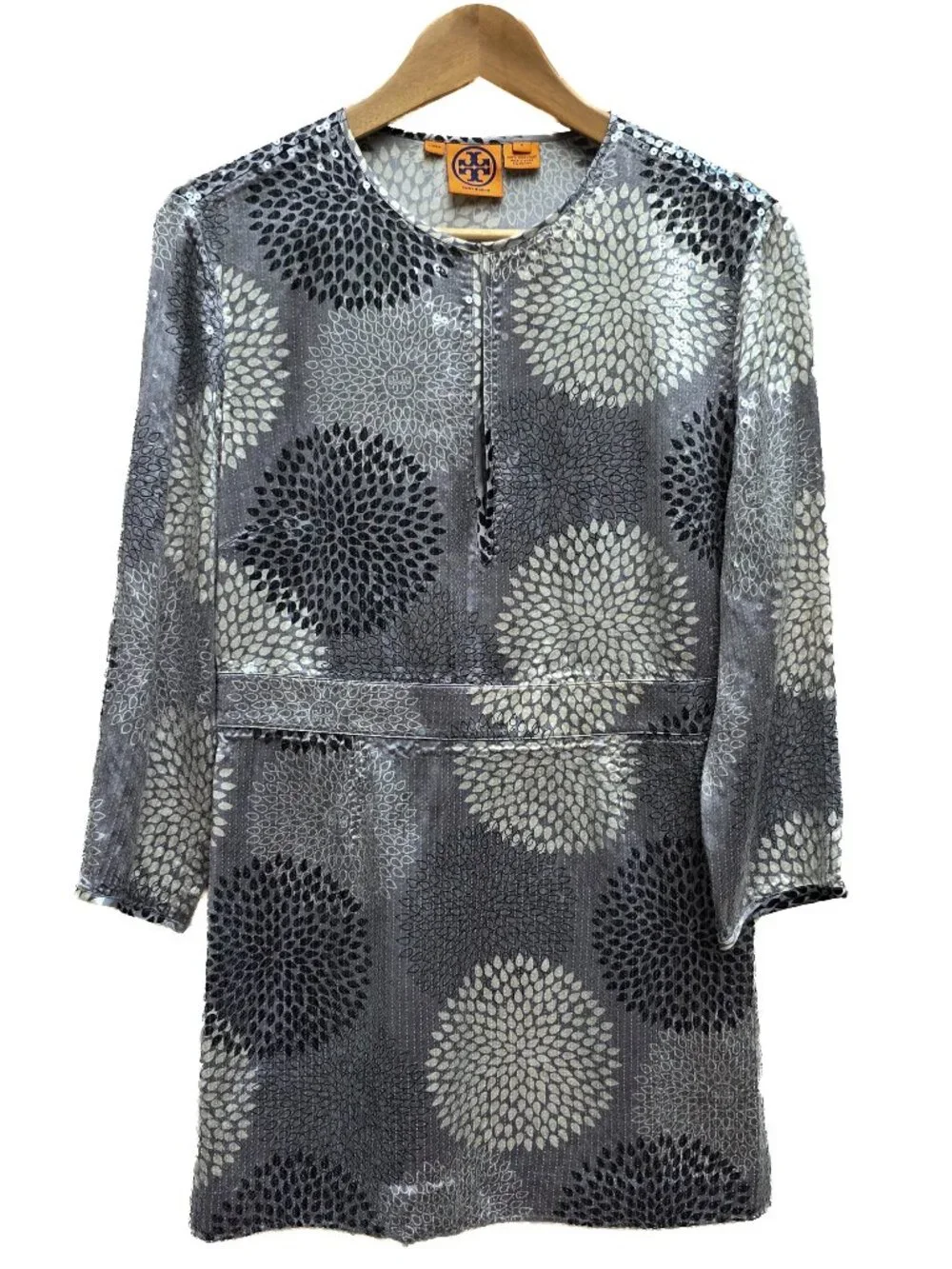 Tory Burch Wendy Silk Sequin Tunic Dress Top Gray Silver Size 8 Party Cocktail